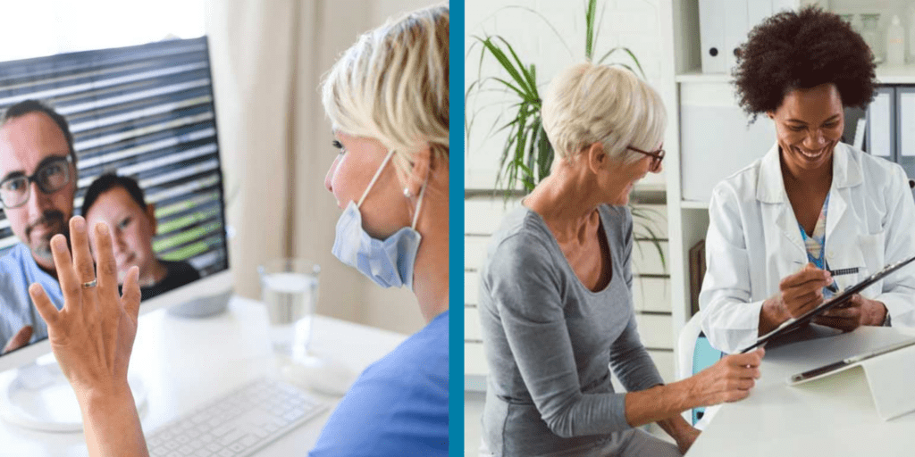 side by side photo of doctor with patient engaged in Healthcare call center engagement