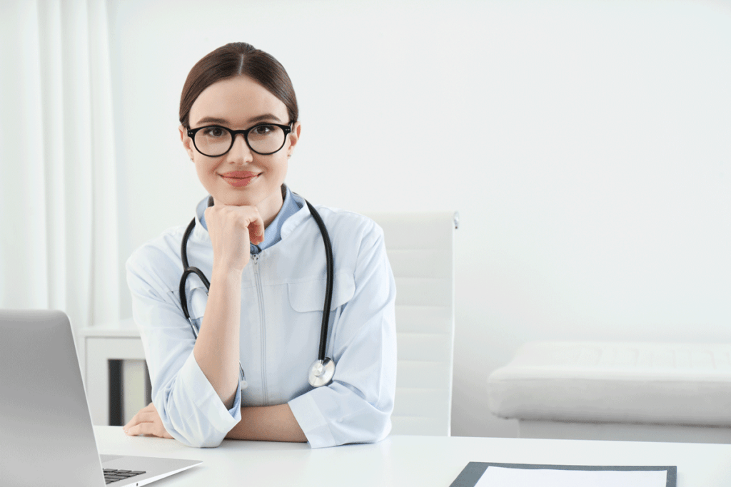 Female doctor inquiring about online patient booking system
