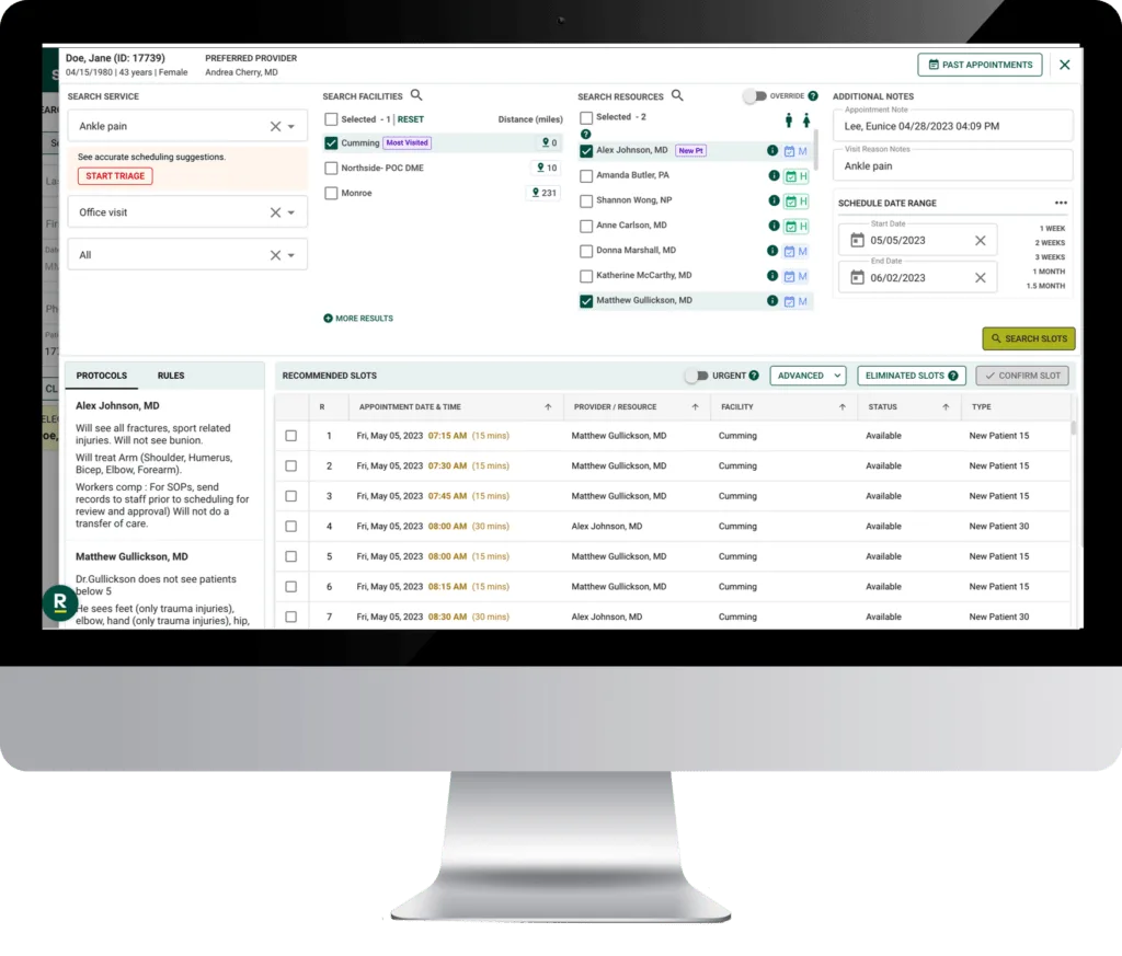 computer monitor with Dash patient central scheduling software