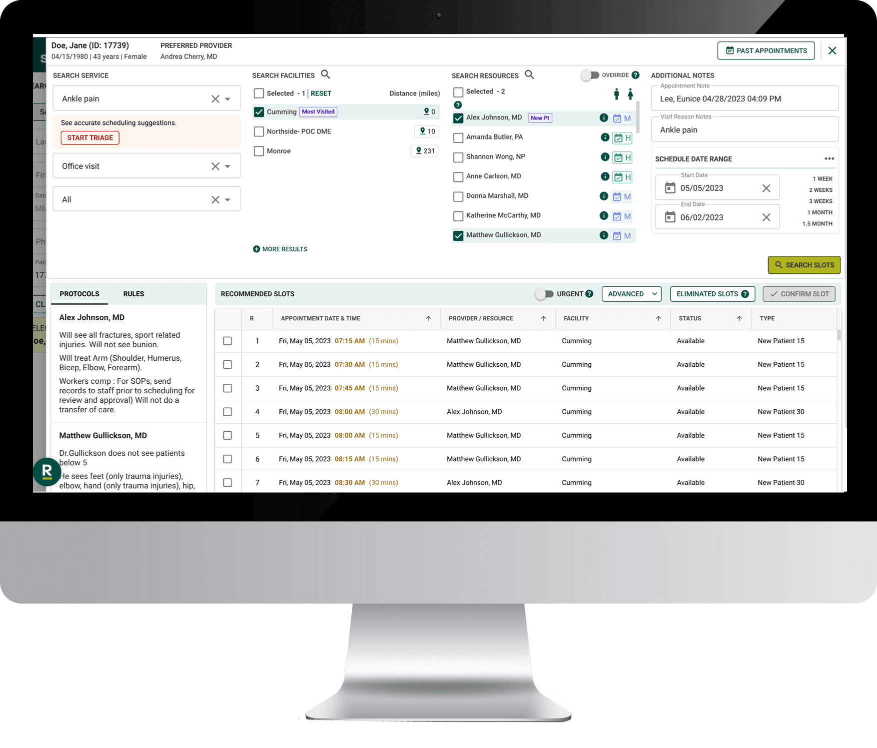 computer monitor with Dash patient central scheduling software