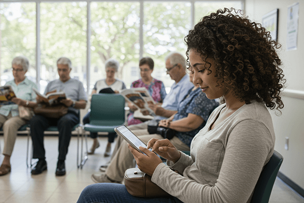African American woman using mobile phone for patient digital intake