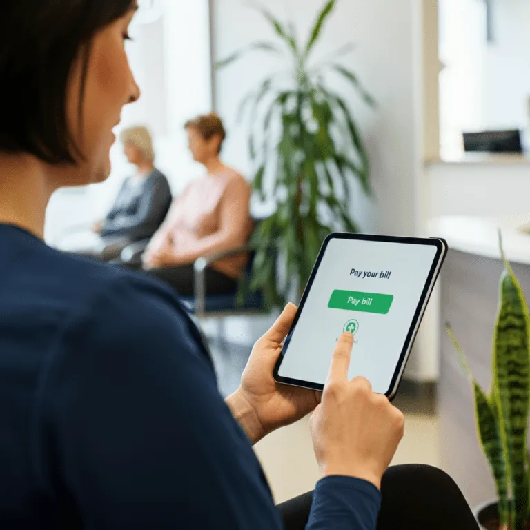 Patient using mobile device in waiting room to make payment.