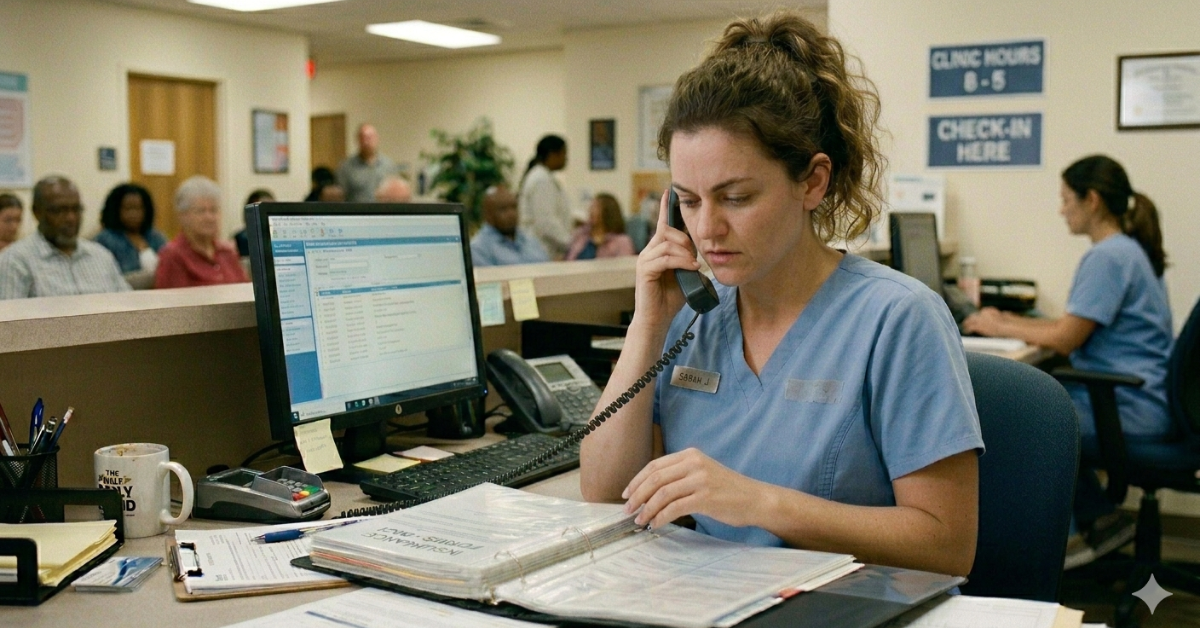 healthcare call center agent handling complex provider rules manually using a binder