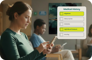 Patients in a waiting room using mobile devices for Dash digital registration introduced in 2019