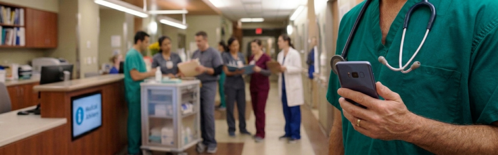 provider standing in a hallway of a hospital or specialty practice or FQHC