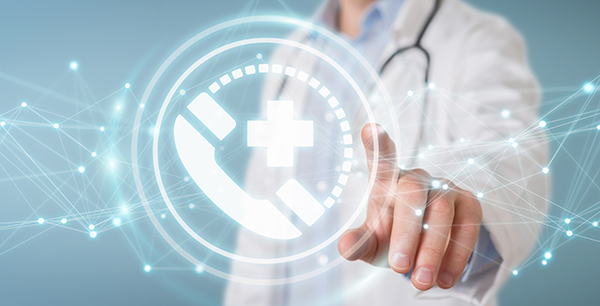 health care provider in the background pointing at an image graphic of a phone within a circle indication the new Dash Voice AI EHR case creation